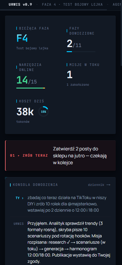 URWIS na telefonie: pasek odprawy, ZRÓB TERAZ i konsola dowodzenia z rozmową — rozkaz „zrób 10 rolek”, URWIS melduje plan misji